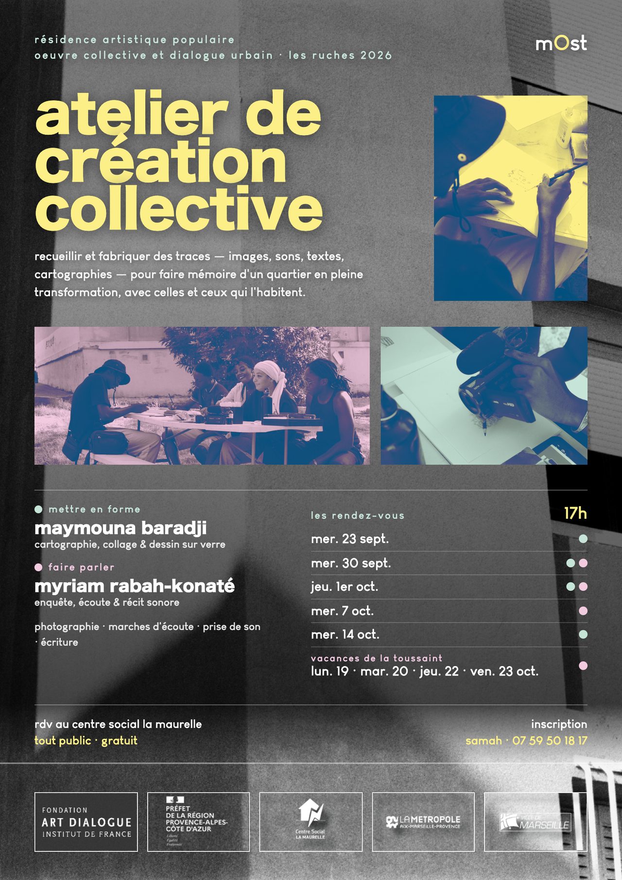 El cartel de los talleres de septiembre y octubre de 2026 en el centre social La Maurelle: atelier de création collective, residencia artística popular.